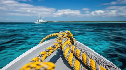 Poster - A vibrant yellow and gray rope tied to a boat, positioned against a clear, calm water background