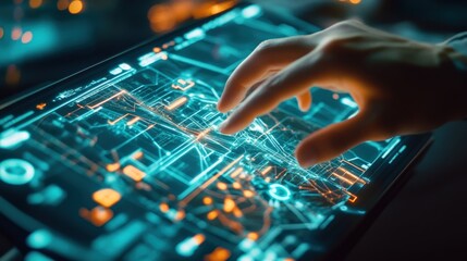 Poster - engineers hand interacting with a futuristic, transparent display, navigating a complex network of d