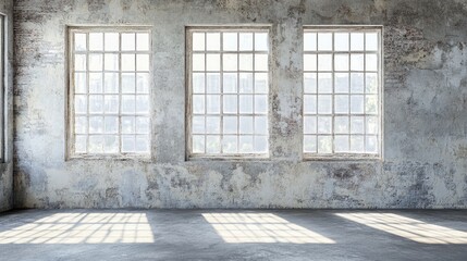 Poster - A weathered textured wall with wide panoramic windows, ideal for placing text or graphics, creating a rustic and spacious atmosphere