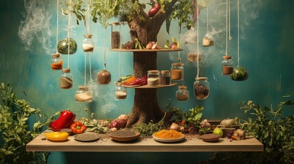 Poster - A whimsical cookbook display with suspended spices and ingredients, creating an imaginative and unique visual
