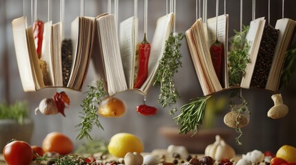 Poster - A whimsical cookbook display with suspended spices and ingredients, creating an imaginative and unique visual