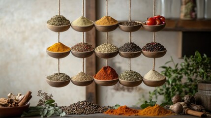 Poster - A whimsical cookbook display with suspended spices and ingredients, creating an imaginative and unique visual