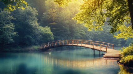 Poster - A wooden bridge crossing a tranquil body of water, bathed in sunlight, offering a serene and picturesque landscape perfect for nature-focused visuals