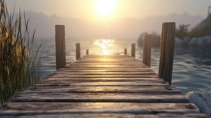 Poster - A wooden bridge over a serene body of water, with the sun shining brightly on the peaceful setting, ideal for nature and outdoor-themed visuals