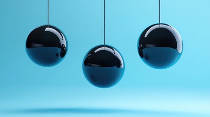 Poster - Abstract composition with suspended black spheres against a serene blue background, creating a modern and immersive atmosphere, perfect for design projects or presentations