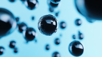 Poster - Abstract composition with suspended black spheres against a serene blue background, creating a modern and immersive atmosphere, perfect for design projects or presentations