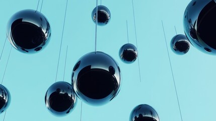 Poster - Abstract composition with suspended black spheres against a serene blue background, creating a modern and immersive atmosphere, perfect for design projects or presentations