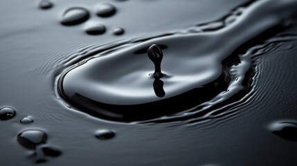 Poster - Abstract image of a black liquid spill spreading on a dark, reflective surface with a rich, glossy finish