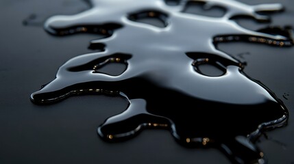Poster - Abstract image of a black liquid spill spreading on a dark, reflective surface with a rich, glossy finish