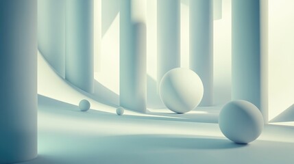 Poster - Abstract spheres and cylindrical shapes in a cool-toned, minimalist space, conveying tranquility and modernity, ideal for use in contemporary graphic design projects