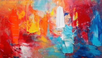 Aufkleber - abstract expressionist painting with bold strokes of red, orange, blue, and white highlighting dynamic movement and texture