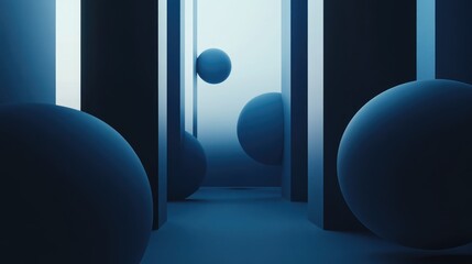 Poster - Abstract spheres and cylindrical shapes in a cool-toned, minimalist space, conveying tranquility and modernity, ideal for use in contemporary graphic design projects