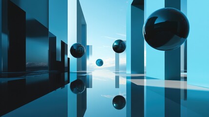 Poster - An abstract composition featuring floating spheres and geometric shapes in a sleek blue and black environment, with reflections and shadows adding depth to the scene