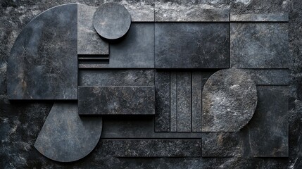 Poster - An artistic arrangement of black geometric stone shapes, with intricate textures and lighting effects, ideal for abstract design or modern art themes