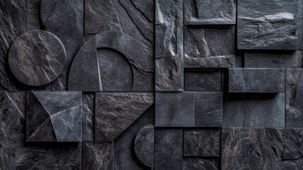 Poster - An artistic arrangement of black geometric stone shapes, with intricate textures and lighting effects, ideal for abstract design or modern art themes