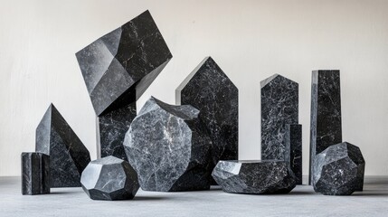 Poster - An artistic arrangement of black geometric stone shapes, with intricate textures and lighting effects, ideal for abstract design or modern art themes