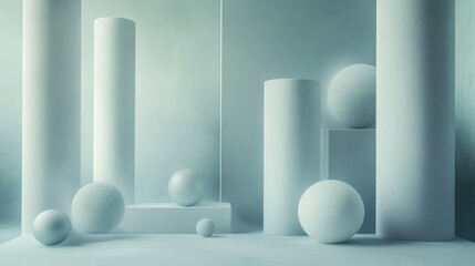 Poster - An artistic arrangement of spheres and cylindrical forms in a calming, cool-toned environment, capturing depth and tranquility with a touch of modern flair for design work