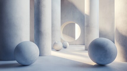 Poster - An artistic arrangement of spheres and cylindrical forms in a calming, cool-toned environment, capturing depth and tranquility with a touch of modern flair for design work