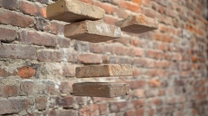 Poster - An artistic shot of floating bricks suspended against a rustic brick wall, capturing the illusion of movement and three-dimensionality in architecture