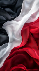 Fototapete - Close-up of flowing red, white, and black silk fabric, highlighting smooth texture, color contrasts, and dynamic draping, symbolizing elegance, luxury, and fluidity.