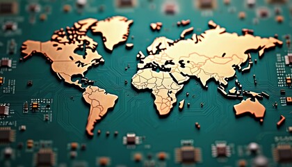 Fototapete - Global world map made of golden electronic circuit board components. Innovation digital tech, cyberspace networking concept. Worldwide trade, global electronics market, international business