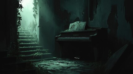 Poster - An old piano in a forgotten, dusty room, with broken keys and a mysterious, dimly lit ambiance