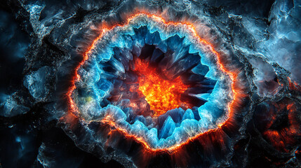 Aufkleber - Close-up of glowing crystals with vibrant orange and blue light contrasts, forming a stunning abstract pattern, symbolizing energy, power, and natural beauty.