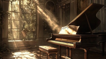Poster - An old piano in a forgotten, dusty room, with broken keys and a mysterious, dimly lit ambiance