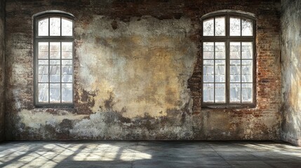 Poster - An old textured wall with panoramic windows, offering ample space for adding text or graphics, perfect for architectural or rustic-themed designs