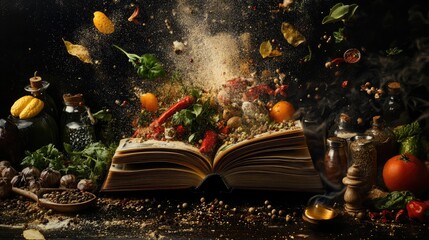 Poster - Artistic shot of a cookbook surrounded by flying spices, herbs, and ingredients, highlighting creativity in the kitchen