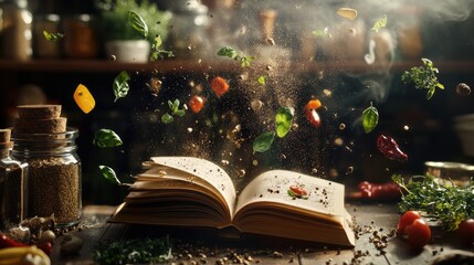 Poster - Artistic shot of a cookbook surrounded by flying spices, herbs, and ingredients, highlighting creativity in the kitchen