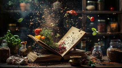 Poster - Artistic shot of a cookbook surrounded by flying spices, herbs, and ingredients, highlighting creativity in the kitchen