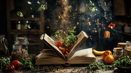Poster - Artistic shot of a cookbook surrounded by flying spices, herbs, and ingredients, highlighting creativity in the kitchen