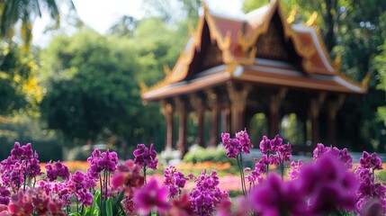 Poster - Beautiful floral artwork of purple orchids and red roses in focus, with the traditional Thai pavilion intricate wooden design creating a perfect cultural backdrop