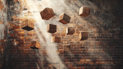 Poster - Brown bricks floating against a rustic brick wall with soft natural lighting, showcasing the blend of industrial design and modern aesthetics