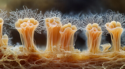 Aufkleber - Close-up of microscopic fungal structures growing in a petri dish, resembling tiny plants or trees, symbolizing the intricate beauty of nature and its microscopic organisms.