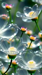 Poster - A bunch of white cartoon flowers with clear petals. The flowers are in a field