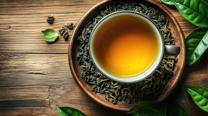 Poster - Close-up of a cup of green tea surrounded by tea leaves, set on a wooden table with rustic charm