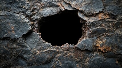 Poster - Close-up of a dark stone surface with rough textures and a deep hole, showing the natural imperfections of the material