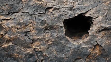 Poster - Close-up of a dark stone surface with rough textures and a deep hole, showing the natural imperfections of the material