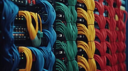 Poster - Close-up of a server rack with neatly bundled, color-coded network cables connected to a switch panel, symbolizing advanced tech and organization