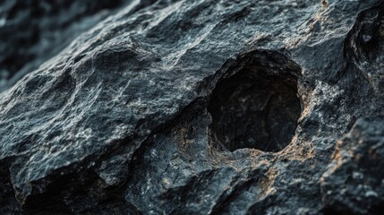 Poster - Close-up of a textured dark stone with a hole, emphasizing the deep, mysterious look of natural rock formations