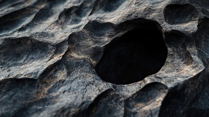 Poster - Close-up of a textured dark stone with a hole, emphasizing the deep, mysterious look of natural rock formations