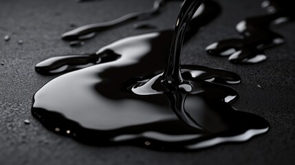 Poster - Close-up of black liquid slowly spilling over a dark surface, creating a dramatic visual contrast with glossy texture