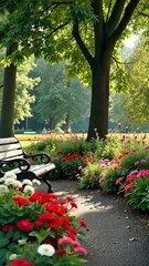 Aufkleber - A bench is in front of a tree with a path in front of it. The bench is empty