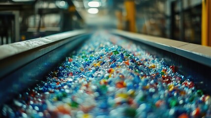 Poster - Close-up of crushed plastic bottles in a recycling facility, illustrating the process of waste sorting and material reuse