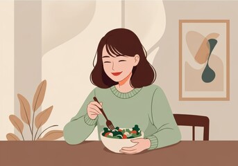 Woman enjoying a healthy salad in a cozy, modern setting