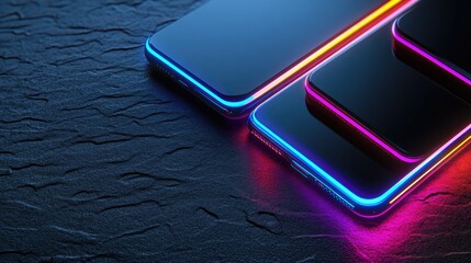 Poster - Close-up of three black smartphones with vibrant neon highlights, resting on a dark textured wall, showcasing their modern design