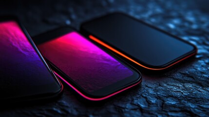 Poster - Close-up of three black smartphones with vibrant neon highlights, resting on a dark textured wall, showcasing their modern design