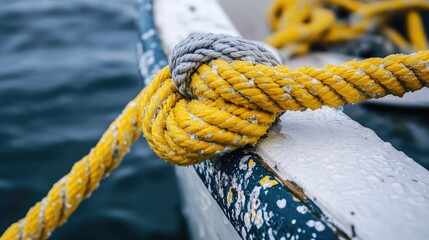 Poster - Close-up shot of a yellow and gray rope securely tied to a boat, with the knot and textures highlighted against a serene water backdrop